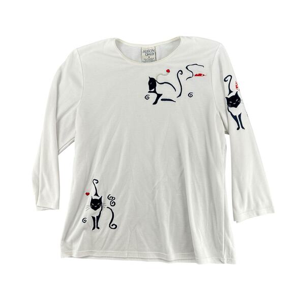 Vintage Allison Daley Cat Lady Heavy T-Shirt Long Sleeve Black Cat Bling M - Picture 1 of 5